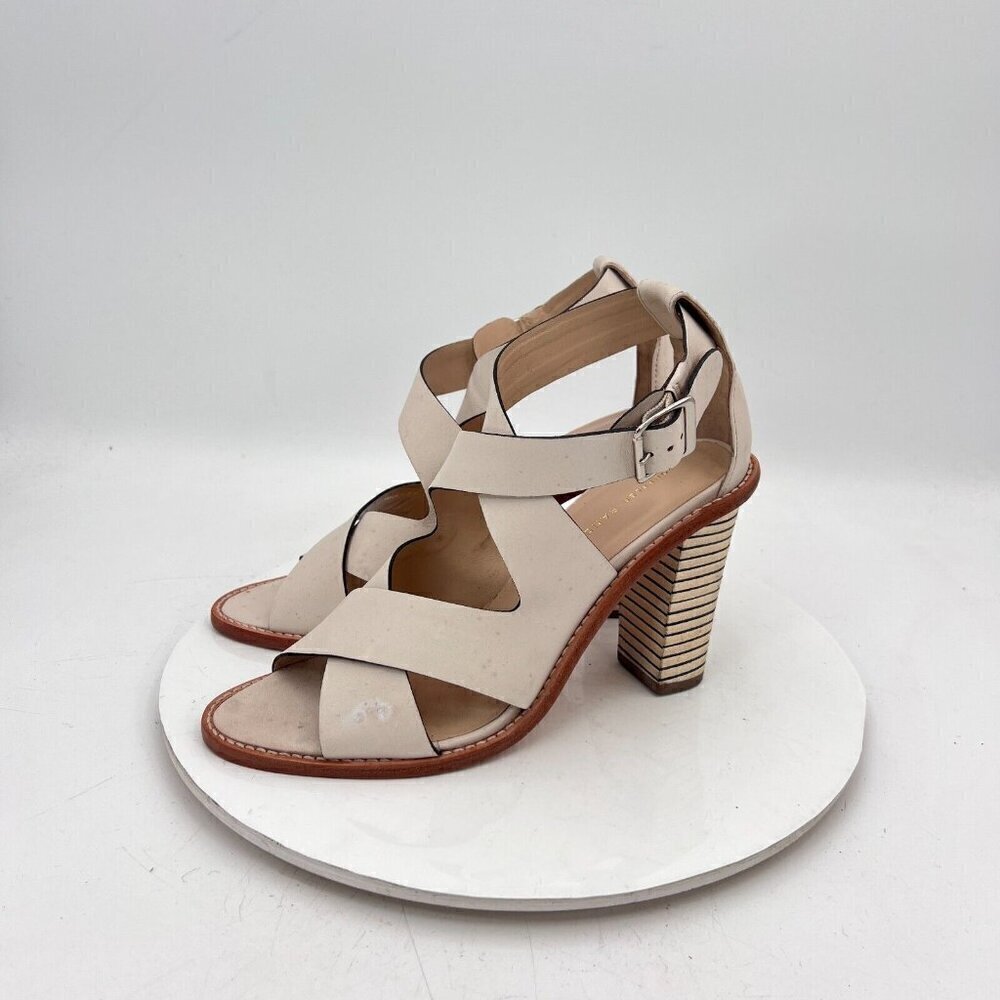 Loeffler Randall Women Size 10B Cream Beige Leather Peep Toe Buckle Heel Sandal